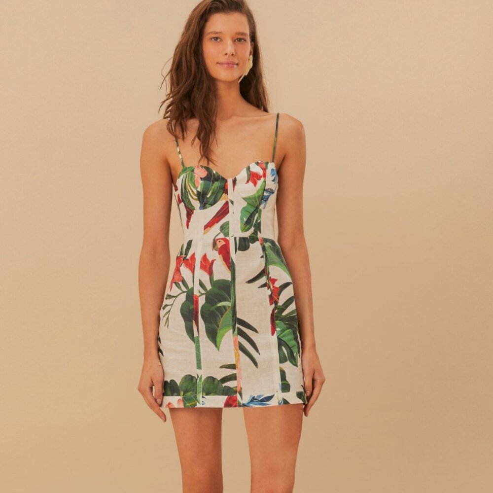 Farm Rio Midnight Macaw Fiesta off-white sleeveless flower dress XS (Fits Small)